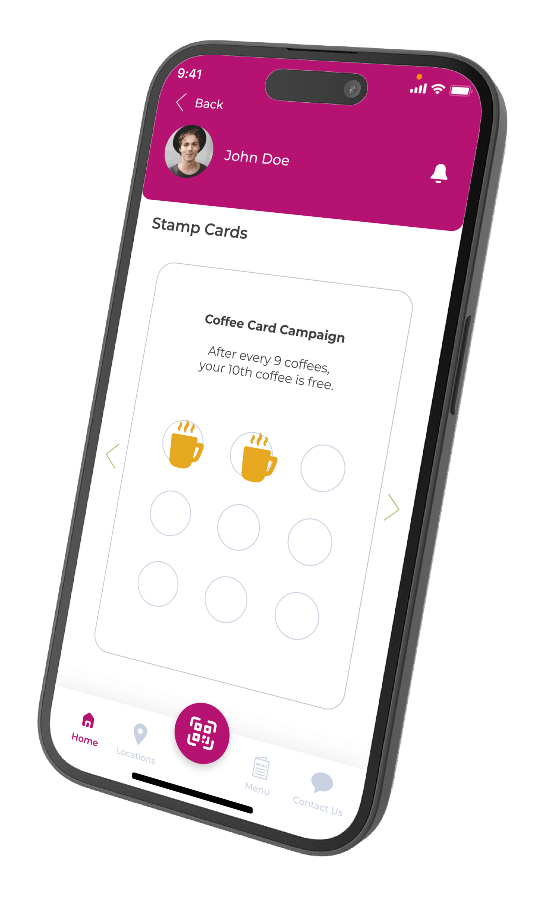 Digital restaurant stamp cards displayed in a loyalty app