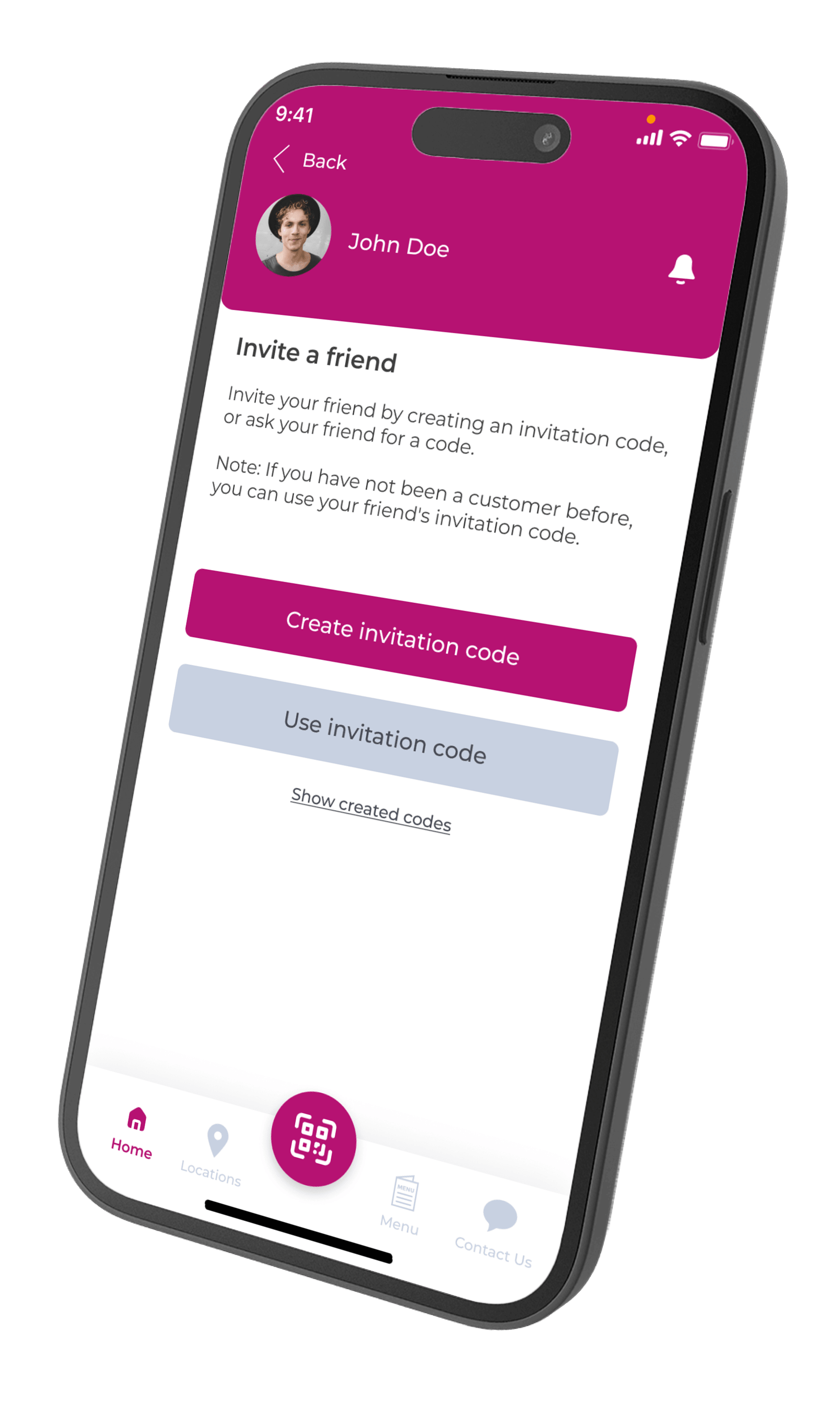 Refer a friend invitation code page inside the Letstamp loyalty app