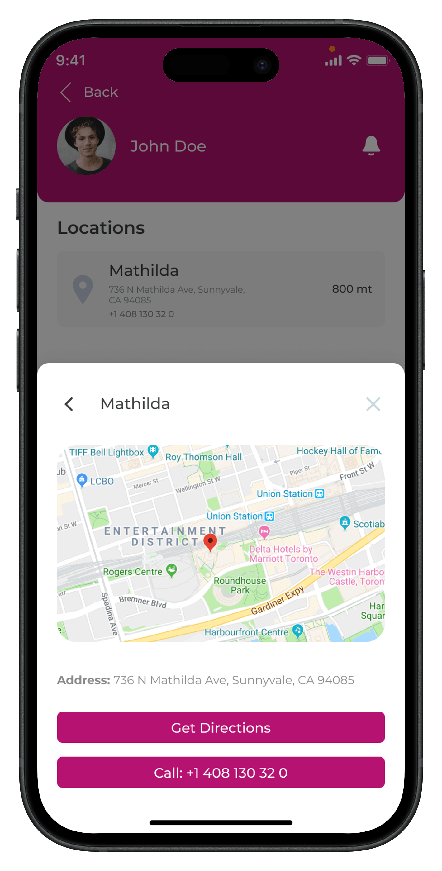 Letstamp branch detail page showing map, address, directions and call buttons