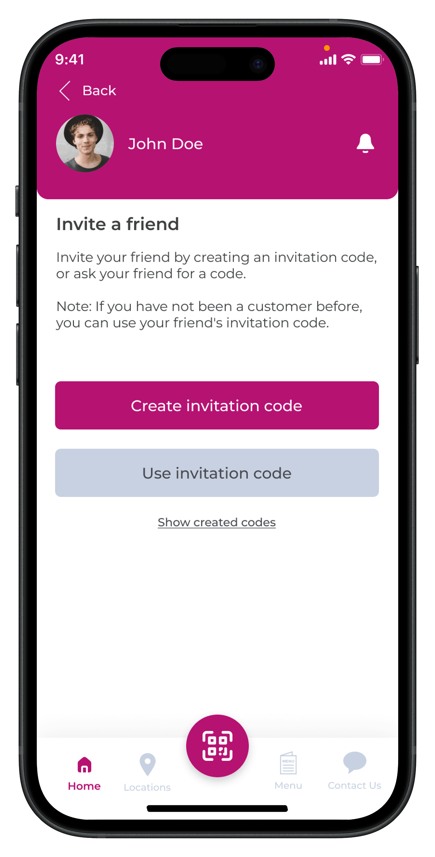 Customer invitation code screen inside the Letstamp mobile application