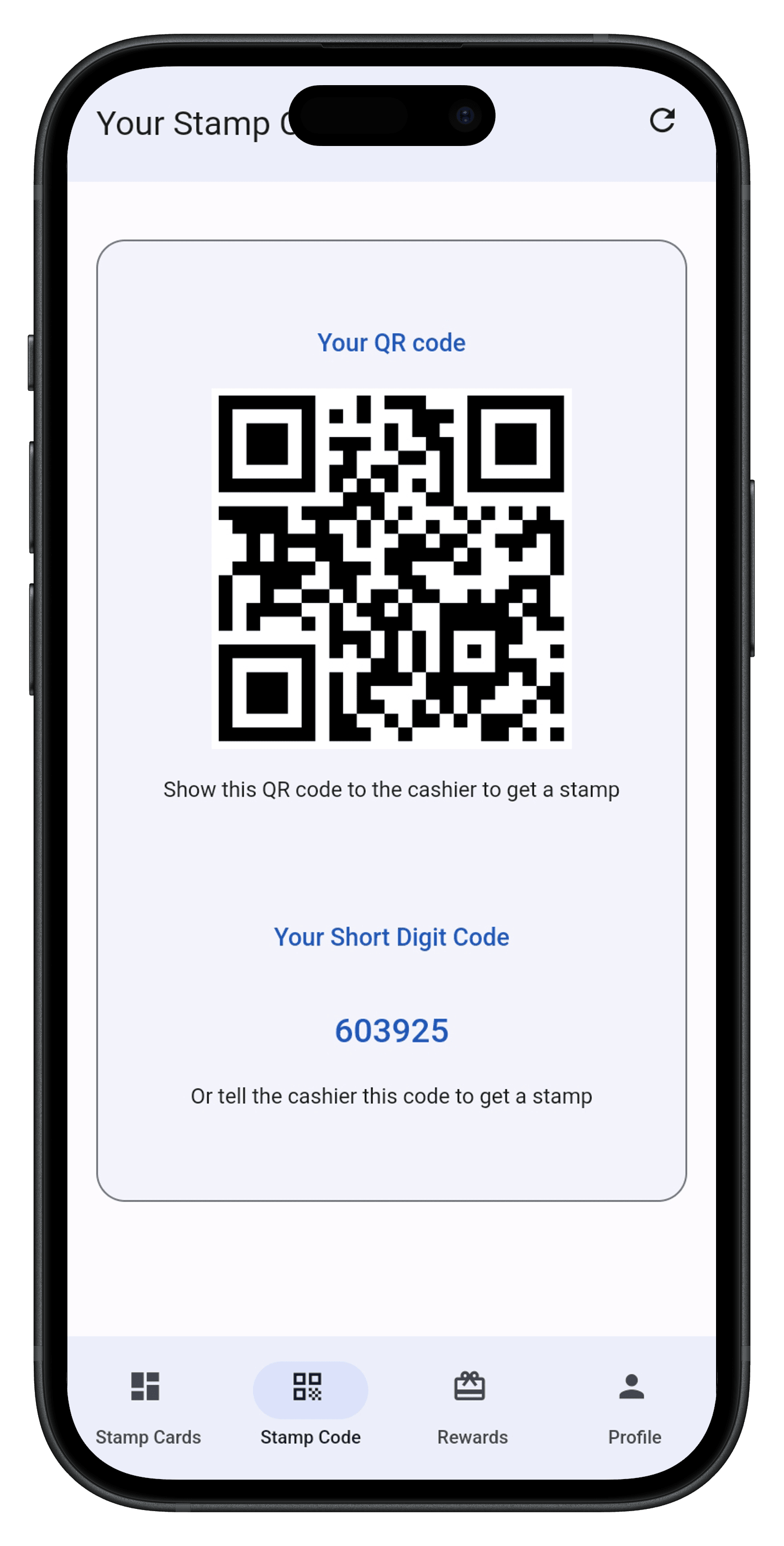 Letstamp customer transaction code and QR code screen