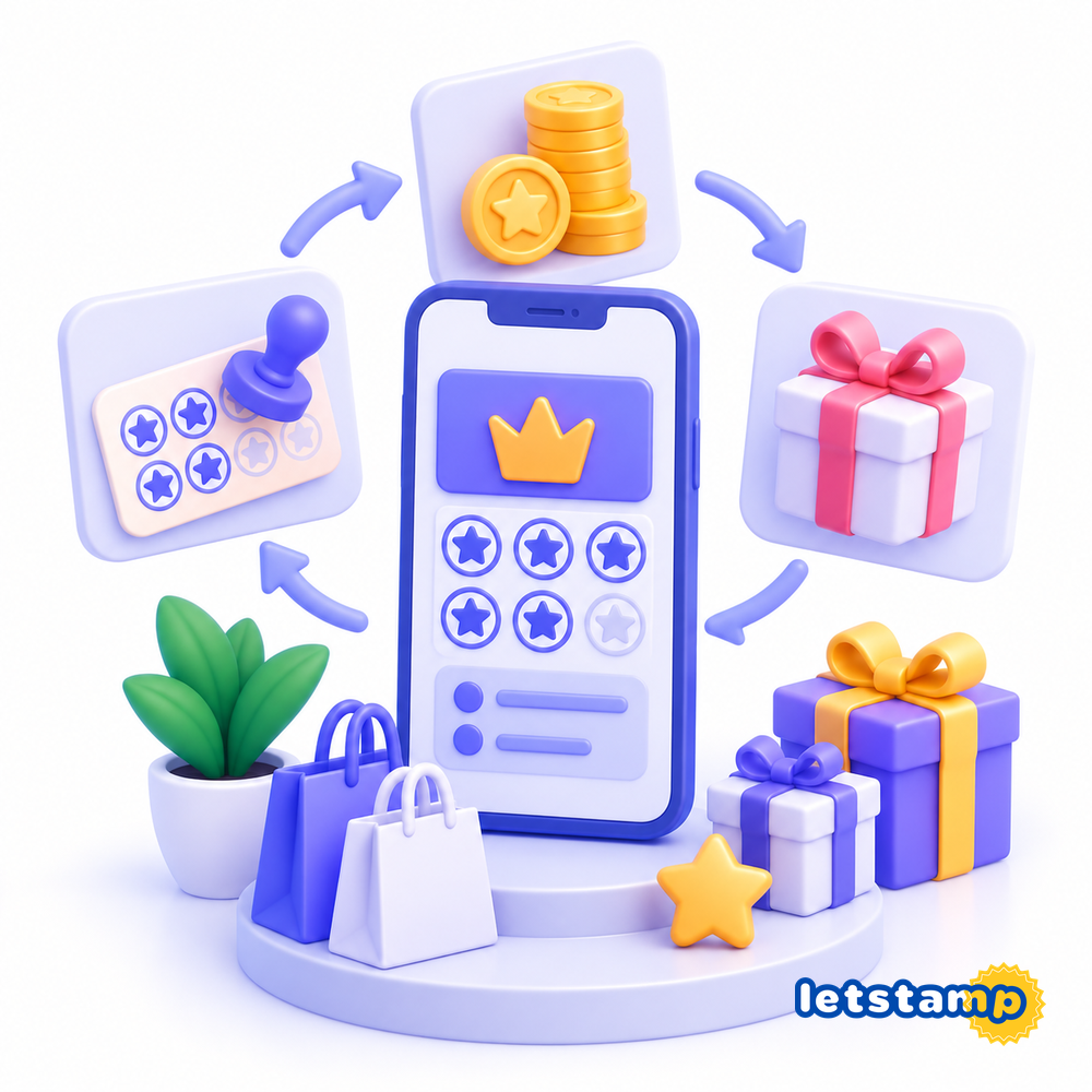 Letstamp customer loyalty app showing rewards, points and stamp cards