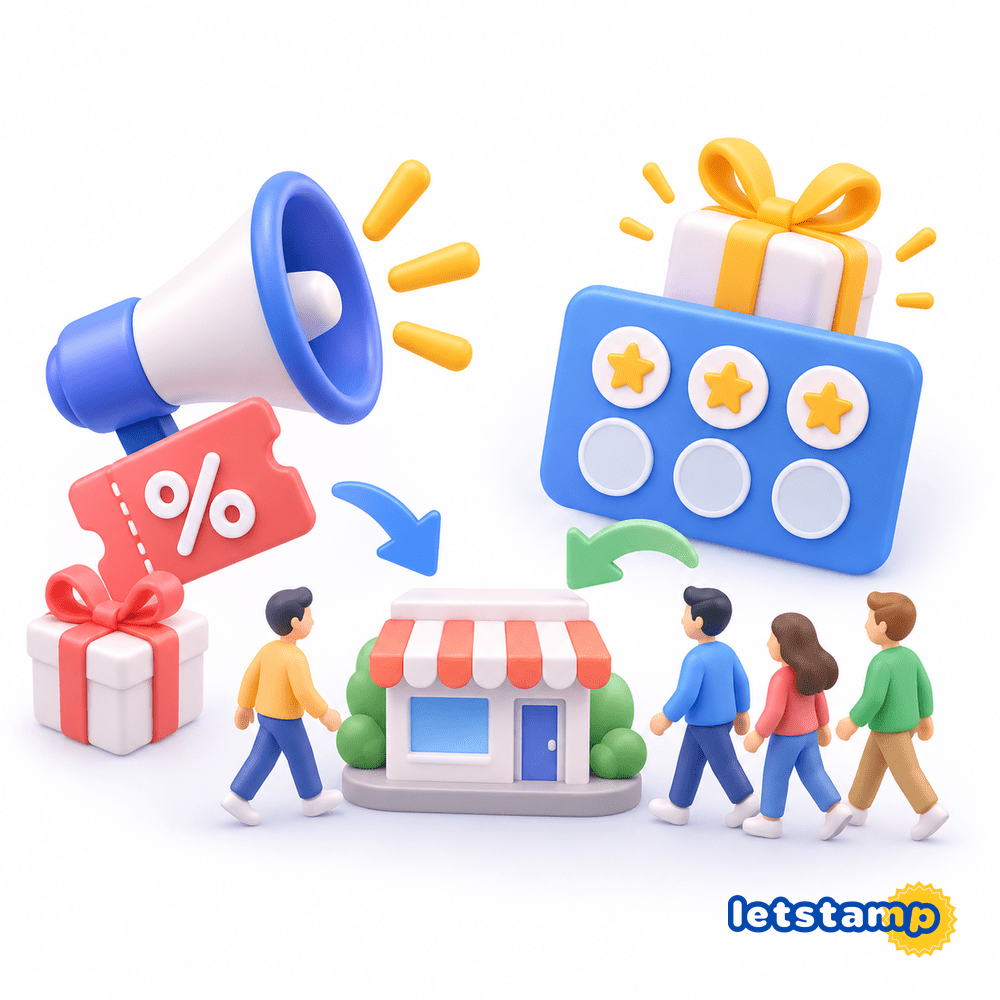 Letstamp loyalty program mobile app showing customer rewards and stamp cards